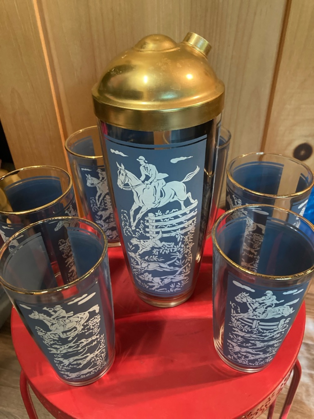 Vintage Hazel Atlas Glass Shaker and Six Tall Glass Set